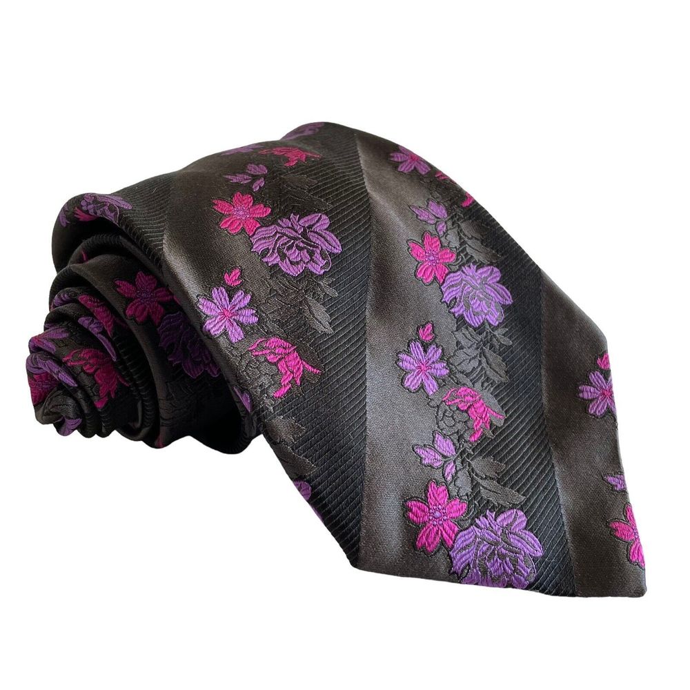 Duchamp London Silk Necktie Black Pink Purple Floral NWOT $130